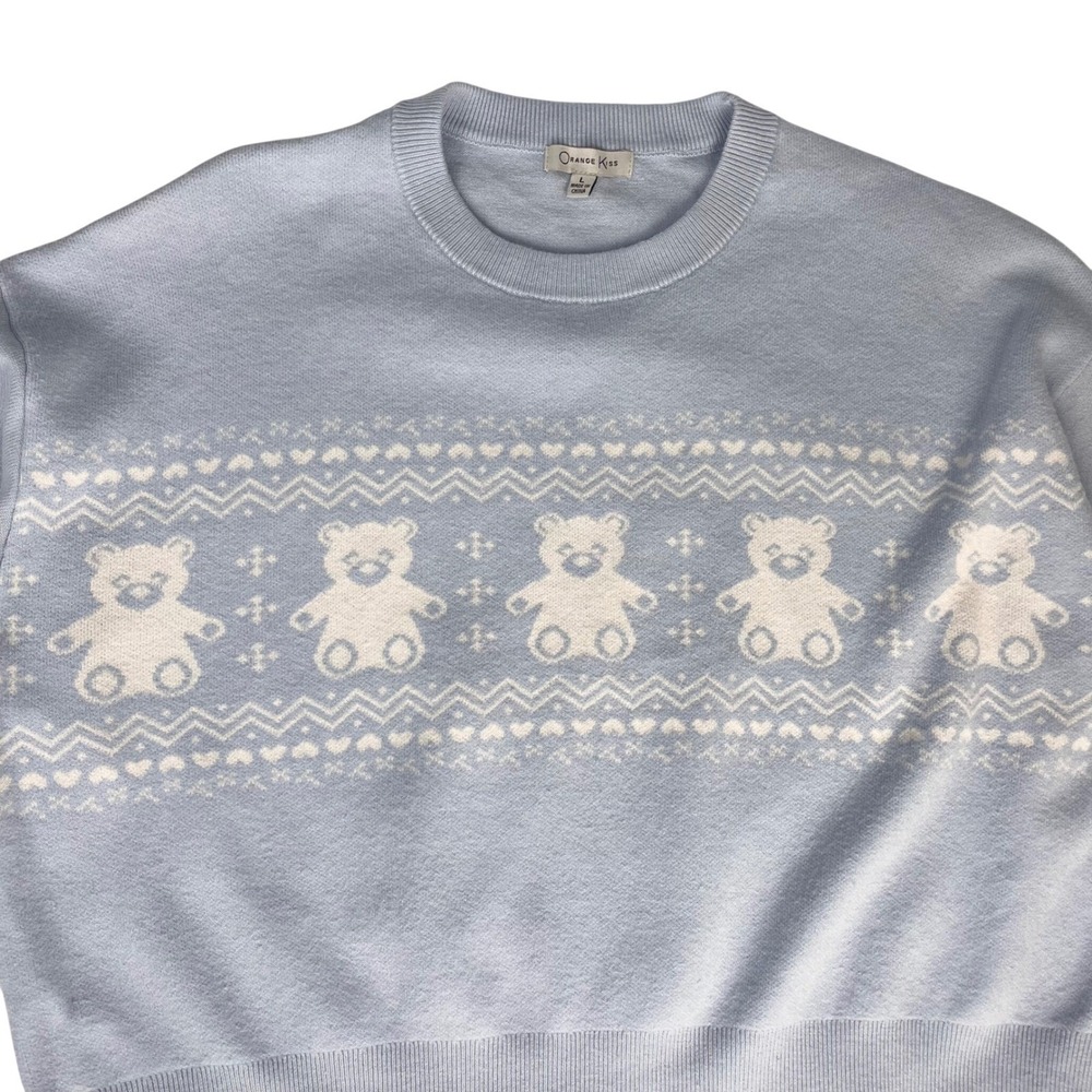 Orange Kiss‎ Sweater Teddy Bear Light Blue Knit Pullover Women Size Large Twee